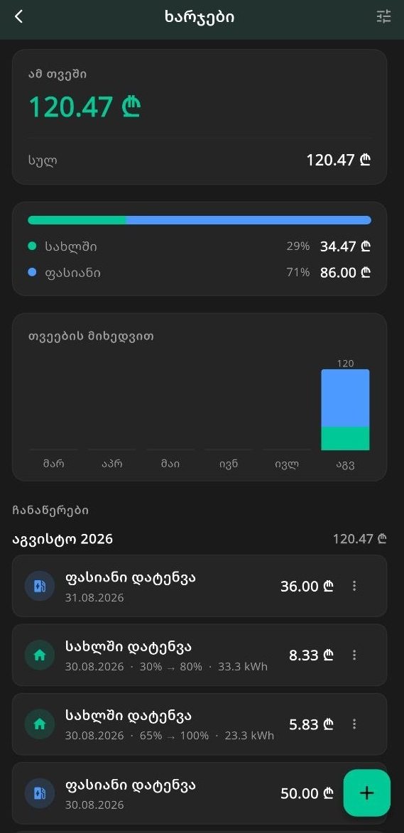 The GeoCharge expenses screen: 120.47 GEL this month, 29 percent home charging, 71 percent paid charging and the list of records